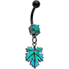 Load image into Gallery viewer, Green Synthetic Opal Black Fall Green Leaf Dangle Belly Ring