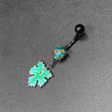 Load image into Gallery viewer, Green Synthetic Opal Black Fall Green Leaf Dangle Belly Ring