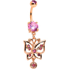 Load image into Gallery viewer, Pink CZ Gem Rose Gold Tone Butterfly Dangle Belly Ring