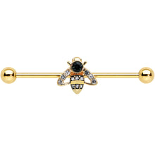 Load image into Gallery viewer, 14G Clear Black Gem Gold Tone Angular Bee Industrial Barbell 38mm