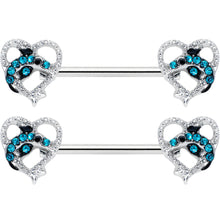 Load image into Gallery viewer, 14G 9/16 Clear Blue Gem Dolphin Heart Barbell Nipple Ring Set