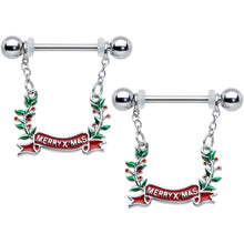 Load image into Gallery viewer, 14G 9/16 Festive Merry Christmas Chain Dangle Nipple Ring Set