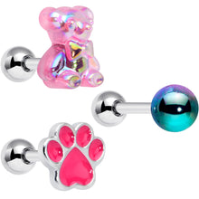 Load image into Gallery viewer, 16G 1/4 Bear Pearlescent Pink Paw Cartilage Earring Curation Set of 3