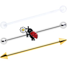 Load image into Gallery viewer, 14G Gold Tone Spike UV Ladybug Industrial Barbell 38mm Set of 3