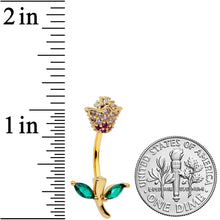 Load image into Gallery viewer, Clear Green Pink Gold Tone Rose Valentines Day Double Mount Belly Ring