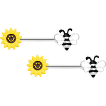 Load image into Gallery viewer, 14G 9/16 Bee Smiley Sunflower Barbell Nipple Ring Set