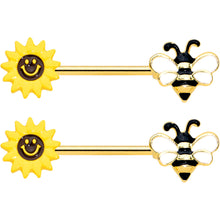 Load image into Gallery viewer, 14G 9/16 Gold Tone Bee Smiley Sunflower Barbell Nipple Ring Set