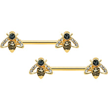 Load image into Gallery viewer, 14G 9/16 Clear Black Gem Gold Tone Angular Bee Nipple Ring Set