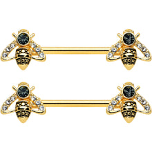 Load image into Gallery viewer, 14G 9/16 Clear Black Gem Gold Tone Angular Bee Nipple Ring Set