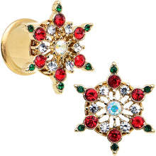 Load image into Gallery viewer, Red Green Gem Gold Tone Bright Christmas Double Flare Plug Set