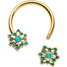 Load image into Gallery viewer, 16G 3/8 Gold Tone Blue Orb Snowflake End Horseshoe Curved Barbell