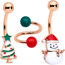 Load image into Gallery viewer, Red Gem Rose Gold Tone Snowman Christmas Spiral Belly Ring Set of 3