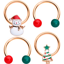 Load image into Gallery viewer, 16G 3/8 Rose Gold Tone Snowman Christmas BCR Horseshoe Set of 4