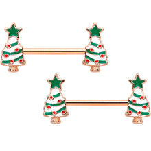 Load image into Gallery viewer, 14G 9/16 Red Gem Rose Gold Tone Christmas Tree Nipple Ring Set