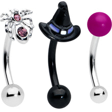 Load image into Gallery viewer, 16G 5/16 Pink Gem Black Spider Witch Curved Eyebrow Ring Set of 3