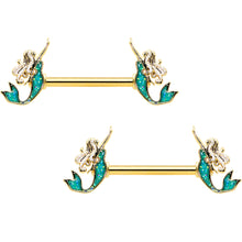 Load image into Gallery viewer, 14G 9/16 Green Faux Opal Gold Tone Curvy Mermaid Nipple Ring Set