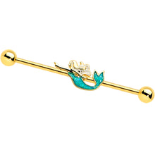 Load image into Gallery viewer, 14G Green Faux Opal Gold Hue Tone Mermaid Industrial Barbell 38mm