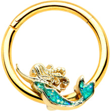 Load image into Gallery viewer, 16G 3/8 Green Faux Opal Gold Hue Mermaid Hinged Segment Ring