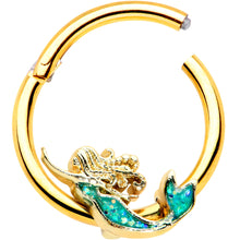 Load image into Gallery viewer, 16G 3/8 Green Faux Opal Gold Hue Mermaid Hinged Segment Ring