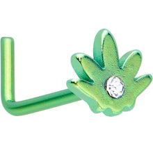 Load image into Gallery viewer, 20G 1/4 Clear CZ Gem Green Simple Pot Leaf L Shape Nose Ring