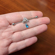 Load image into Gallery viewer, 14G Blue Gem Scrolling Elegance Dangle Industrial Barbell 38mm