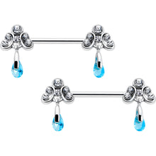 Load image into Gallery viewer, 14G 9/16 Blue Gem Scrolling Elegance Dangle Nipple Ring Set