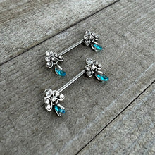 Load image into Gallery viewer, 14G 9/16 Blue Gem Scrolling Elegance Dangle Nipple Ring Set