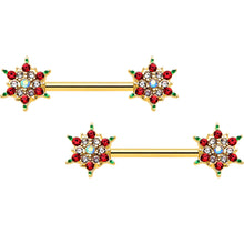Load image into Gallery viewer, 14G 9/16 Red Gem Gold Hue Bright Christmas Barbell Nipple Ring Set