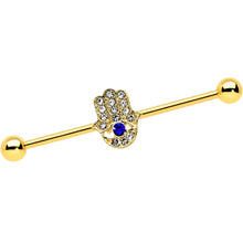 Load image into Gallery viewer, 14G Blue Gem Gold Tone Hamsa Hand Eye Industrial Barbell 38mm
