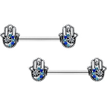 Load image into Gallery viewer, 14G 9/16 Clear Blue Gem Textured Hamsa Hand Nipple Ring Set