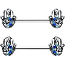 Load image into Gallery viewer, 14G 9/16 Clear Blue Gem Textured Hamsa Hand Nipple Ring Set