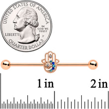 Load image into Gallery viewer, 14G Blue Gem Rose Gold Hue Texture Hamsa Industrial Barbell 38mm