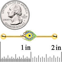 Load image into Gallery viewer, 14G Gold Tone Bold Peacock Feather Industrial Barbell 38mm