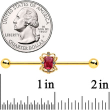 Load image into Gallery viewer, 14G Red Gem Gold Tone Regal Escutcheon Industrial Barbell 38mm