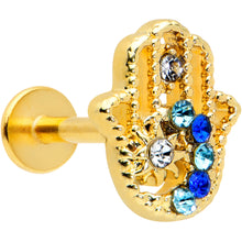 Load image into Gallery viewer, 16G 5/16 Blue Gem Gold Hue Texture Hamsa Labret Monroe Tragus