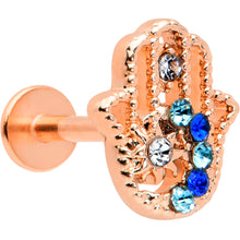 Load image into Gallery viewer, 16G 5/16 Blue Gem Rose Gold Hue Texture Hamsa Labret Monroe Tragus