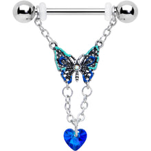 Load image into Gallery viewer, 14G 9/16 Blue Gem Heart Colorful Butterfly Dangle Nipple Ring Set