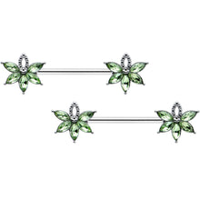 Load image into Gallery viewer, 14G 9/16 Green Gem Texture Loopy Pot Leaf Barbell Nipple Ring Set