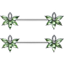 Load image into Gallery viewer, 14G 9/16 Green Gem Texture Loopy Pot Leaf Barbell Nipple Ring Set