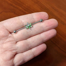Load image into Gallery viewer, 14G Aurora Green Gem Pot Leaf Industrial Barbell 38mm