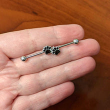 Load image into Gallery viewer, 14G Textured Black Paw Prints Industrial Barbell 38mm
