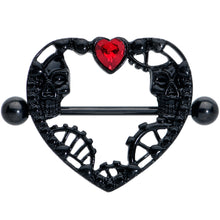 Load image into Gallery viewer, 14G 7/8 Red Gem Black Skeleton Steampunk Heart Nipple Shield Set