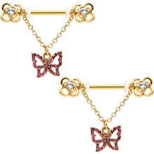 Load image into Gallery viewer, 14G 5/8 Pink Gem Gold Hue Simple Butterfly Dangle Nipple Ring Set