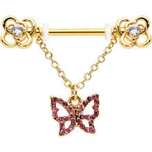 Load image into Gallery viewer, 14G 5/8 Pink Gem Gold Hue Simple Butterfly Dangle Nipple Ring Set