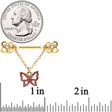 Load image into Gallery viewer, 14G 5/8 Pink Gem Gold Hue Simple Butterfly Dangle Nipple Ring Set