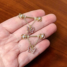 Load image into Gallery viewer, 14G 5/8 Pink Gem Gold Hue Simple Butterfly Dangle Nipple Ring Set