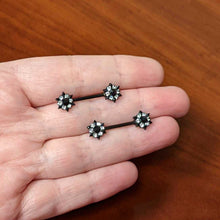 Load image into Gallery viewer, 14G 9/16 Clear CZ Gem Black Abstract Sun Barbell Nipple Ring Set