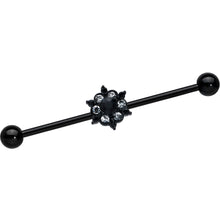 Load image into Gallery viewer, 14G Clear CZ Gem Black Abstract Sun Industrial Barbell 38mm