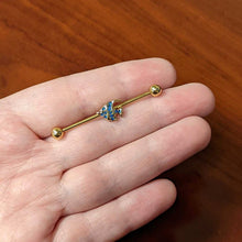 Load image into Gallery viewer, 14G Blue Gem Gold Tone Adorable Angelfish Industrial Barbell 38mm