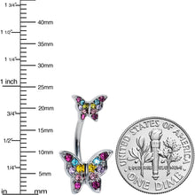 Load image into Gallery viewer, Pink Purple Blue Gem Double Butterfly Double Mount Belly Ring